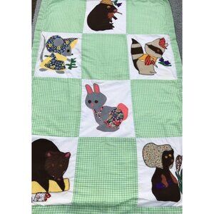 Vtg Handmade 60s MCM Green Gingham Felt Woodland Animals Baby Wall Quilt Kitschy